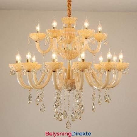 Luksuriøs Krystalllysekrone I Europeisk Konjakkfarget Taklampe Med Glasshus, Dobbelt Lag, 12+6 Lys