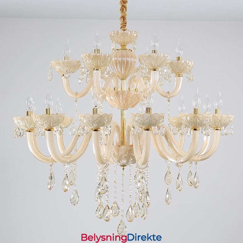 Luksuriøs Krystalllysekrone I Europeisk Konjakkfarget Taklampe Med Glasshus, Dobbelt Lag, 12+6 Lys