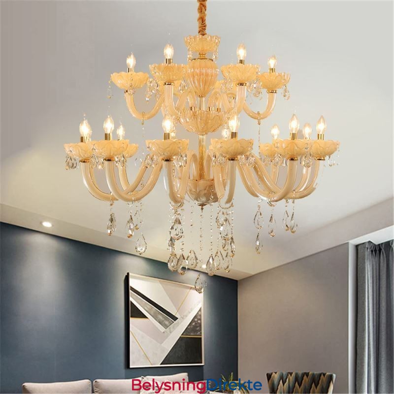 Luksuriøs Krystalllysekrone I Europeisk Konjakkfarget Taklampe Med Glasshus, Dobbelt Lag, 12+6 Lys