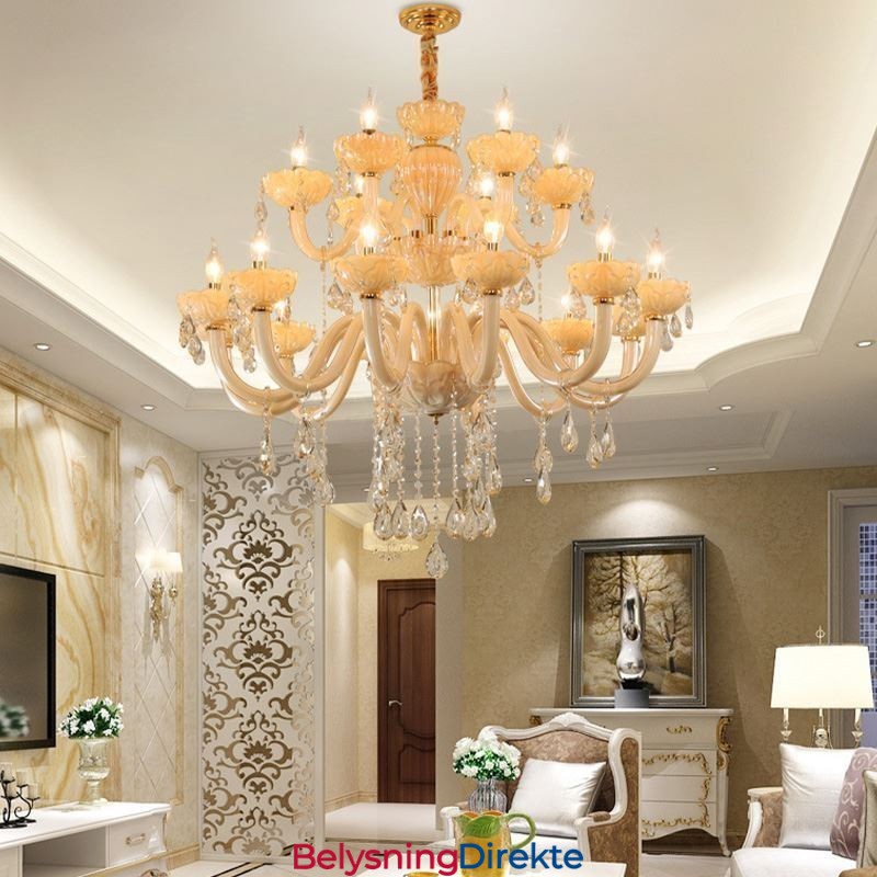 Luksuriøs Krystalllysekrone I Europeisk Konjakkfarget Taklampe Med Glasshus, Dobbelt Lag, 12+6 Lys