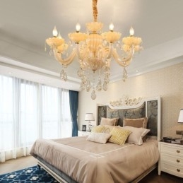 Iøynefallende Krystalllysekrone I Europeisk Konjakkfarget Taklampe Med Glasshus, 8 Lys