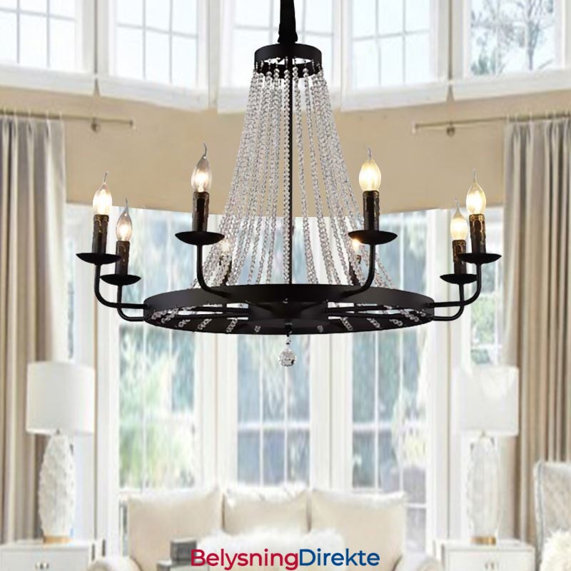 Vintage Krystall Anhengsbelysning Svart Jernlysekrone