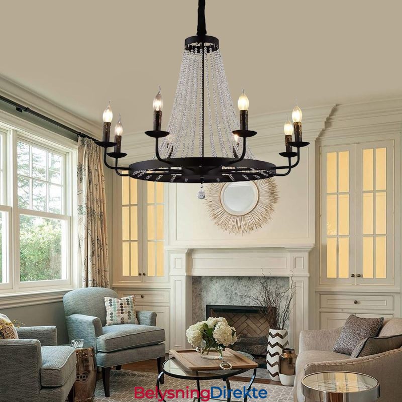 Vintage Krystall Anhengsbelysning Svart Jernlysekrone