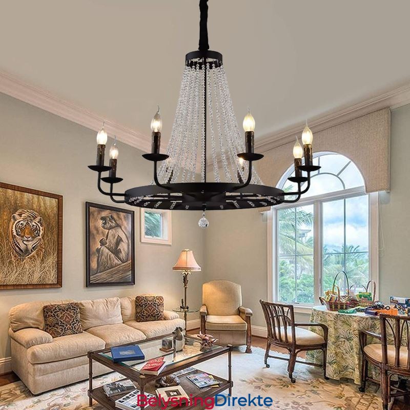 Vintage Krystall Anhengsbelysning Svart Jernlysekrone