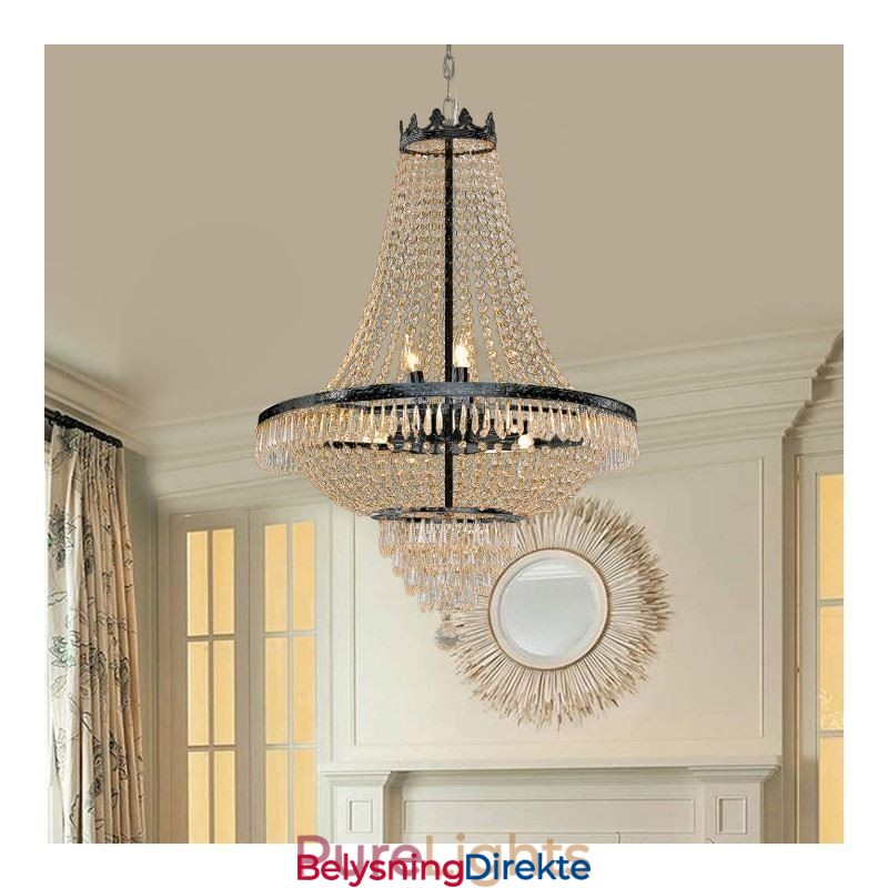 Klassisk Krystalllysekrone I Svart Empirestil Med 9 Lys