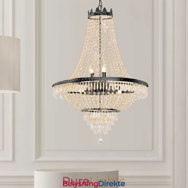 Klassisk Krystalllysekrone I Svart Empirestil Med 9 Lys