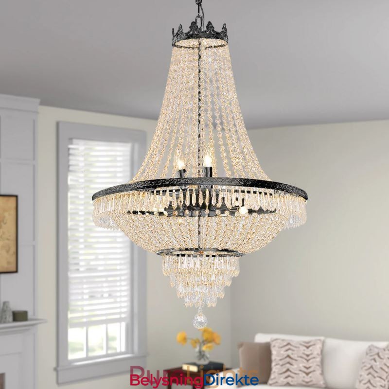 Klassisk Krystalllysekrone I Svart Empirestil Med 9 Lys