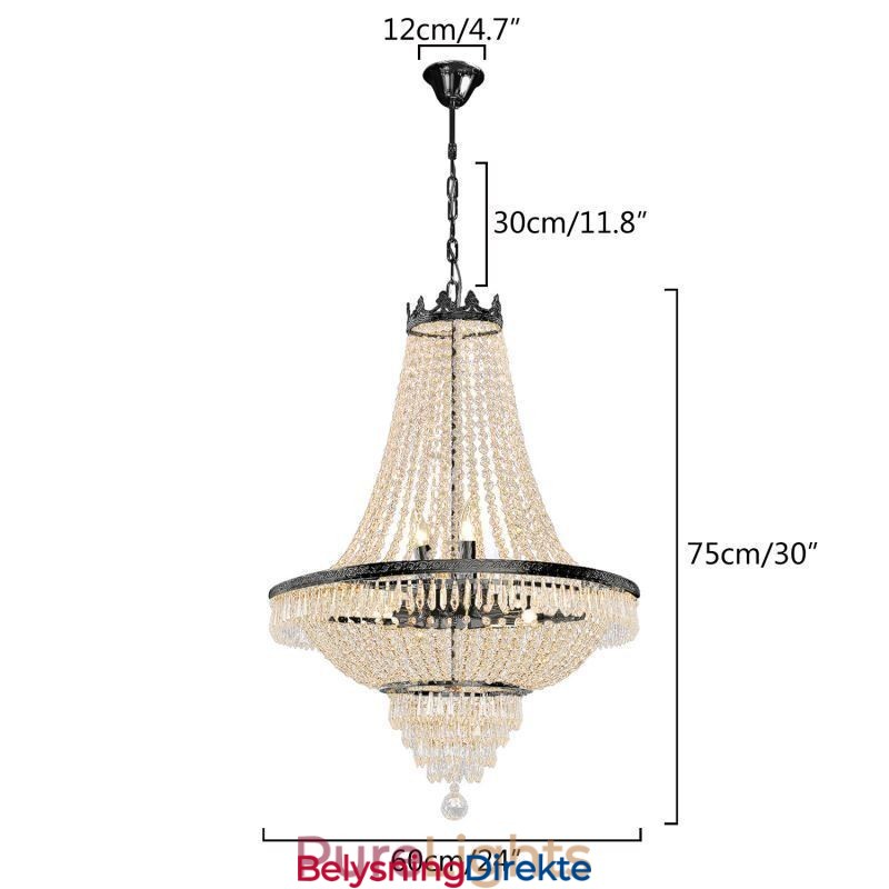 Klassisk Krystalllysekrone I Svart Empirestil Med 9 Lys