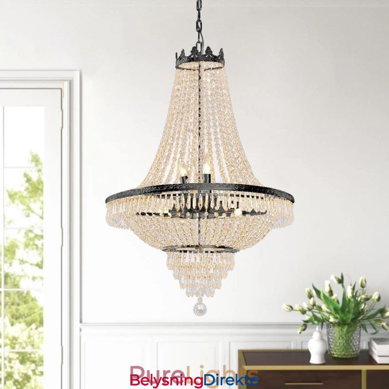 Klassisk Krystalllysekrone I Svart Empirestil Med 9 Lys