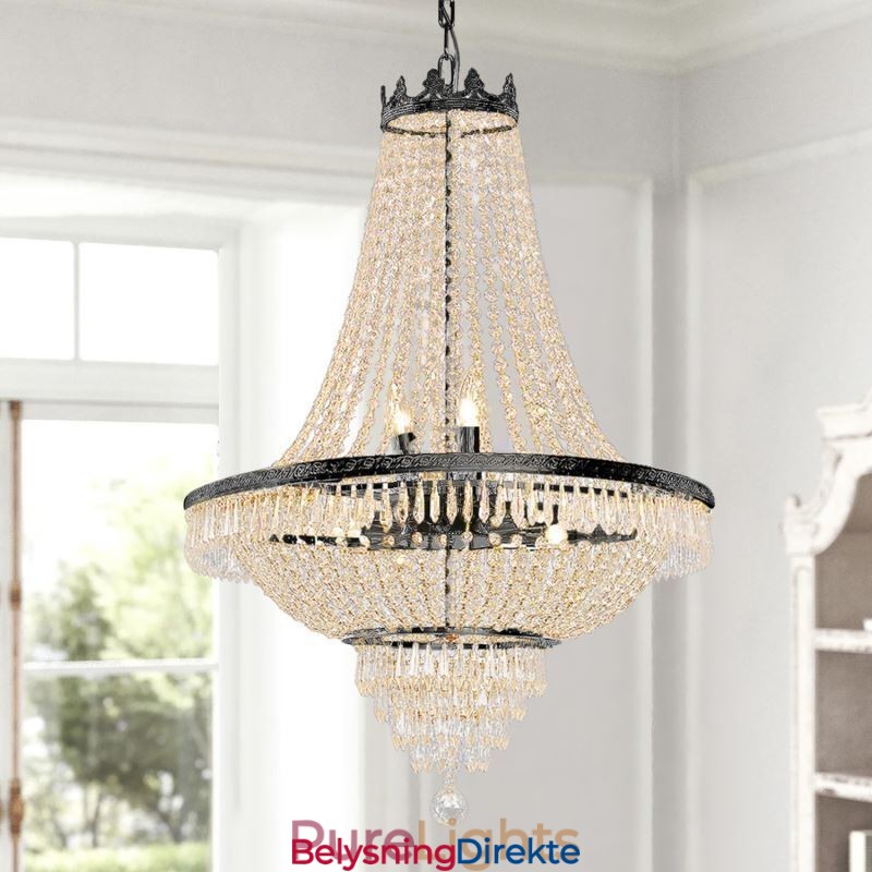 Klassisk Krystalllysekrone I Svart Empirestil Med 9 Lys