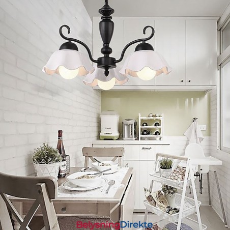Nordisk Jernanhengslampe Blomsterformet Glasslampeskjerm Lysekrone