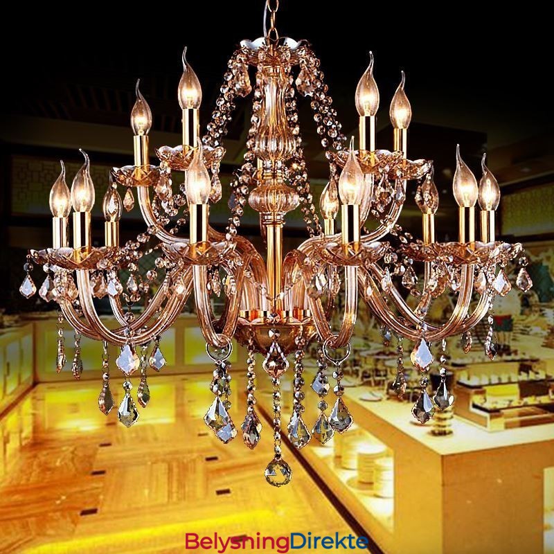 Europeisk Krystalllysekrone Elegant Stor Pendellampe Ravfarget