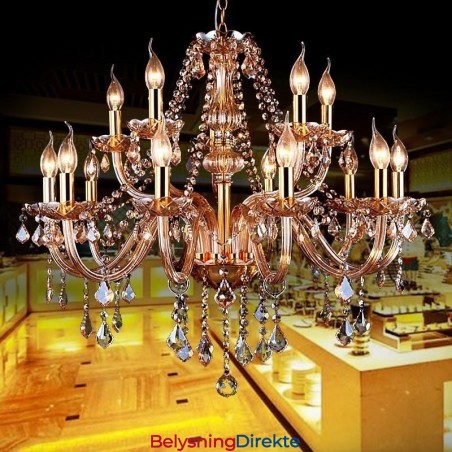 Europeisk Krystalllysekrone Elegant Stor Pendellampe Ravfarget