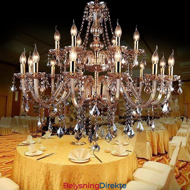Europeisk Krystalllysekrone Elegant Stor Pendellampe Ravfarget