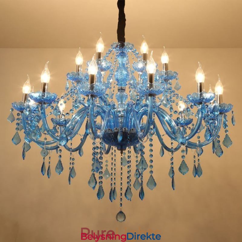 Stor Krystalllysekrone Europeisk Anhengslampe Lys Blå Farge Estetisk