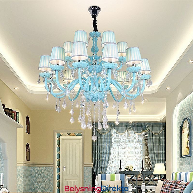 Stor Europeisk Krystalllysekrone I Blå Farge Anhengslampe