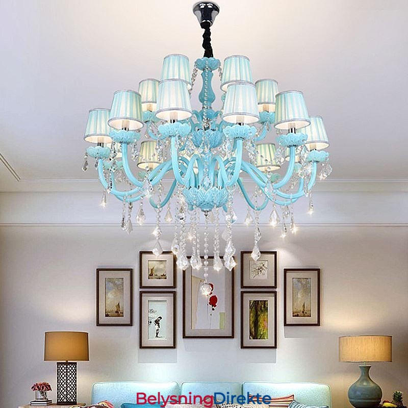 Stor Europeisk Krystalllysekrone I Blå Farge Anhengslampe