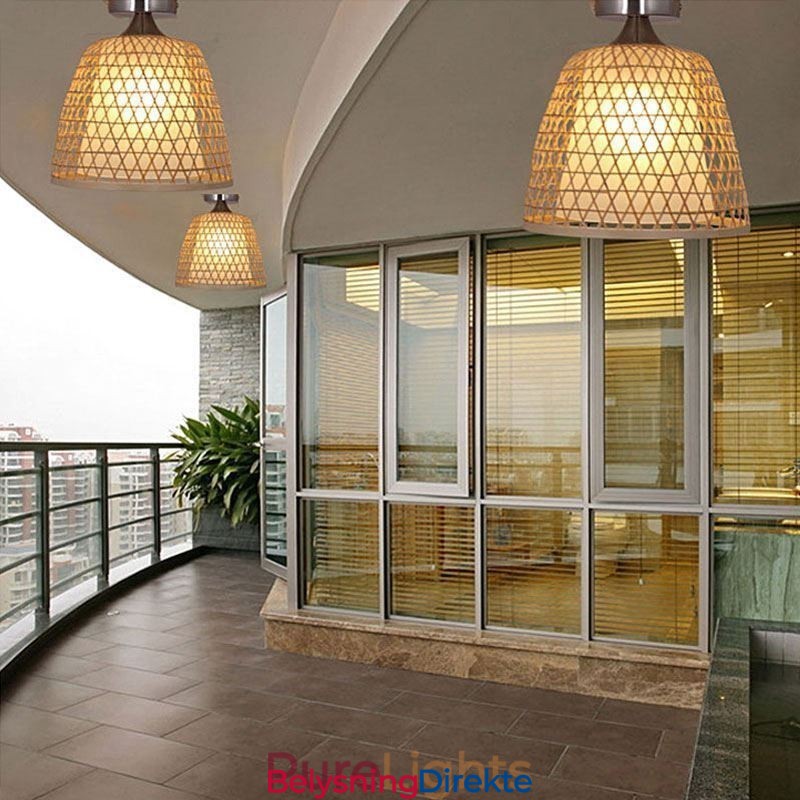 Kreativ Rund Taklampe I Bambus, Delvis Innfelt, For Vestibulebelysning