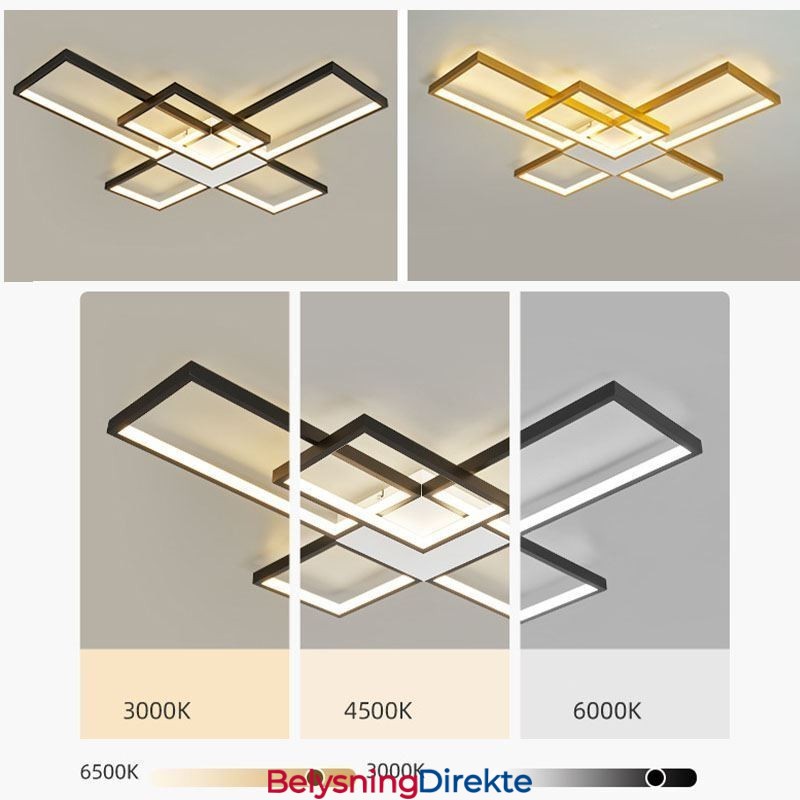 Minimalistisk Innfelt Taklampe Med Fem Firkanter, Trinnløs Dimbar Med Fjernkontroll, 92 W