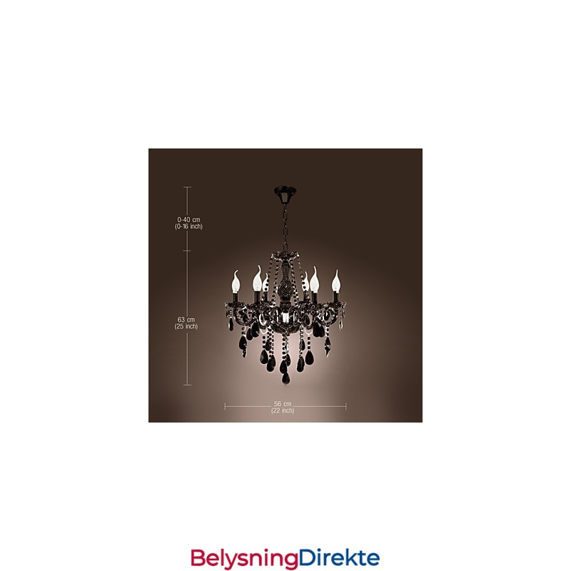 Lysekrone I Svart Krystall, Moderne, 6 Lys