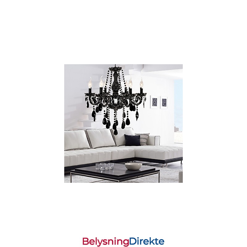 Lysekrone I Svart Krystall, Moderne, 6 Lys