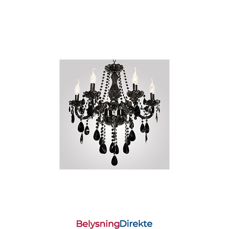Lysekrone I Svart Krystall, Moderne, 6 Lys