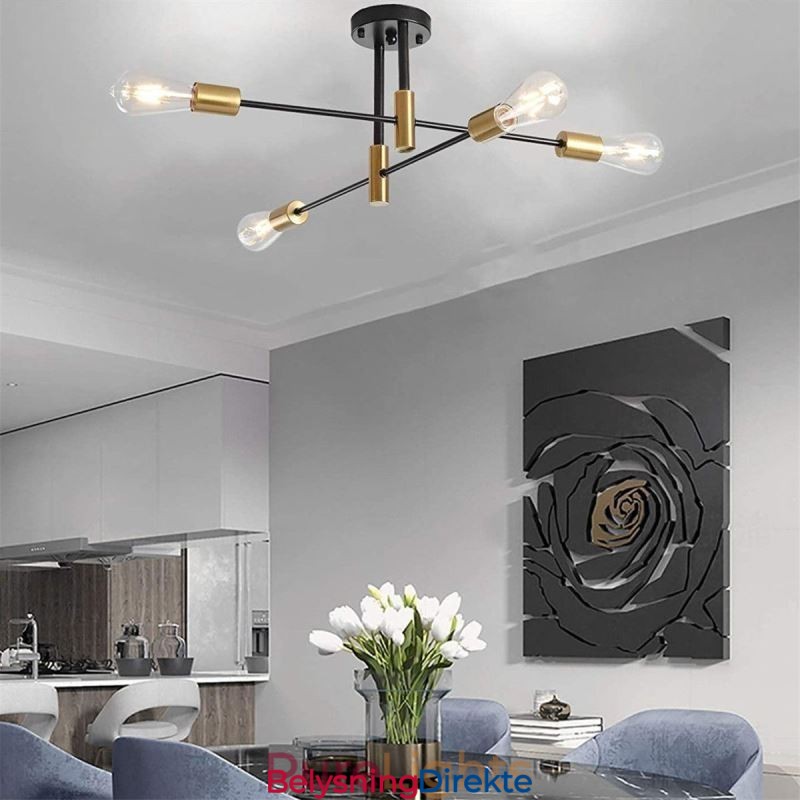 Sputnik-Lysekrone Med 4 Lys, Svart, Halvt Innfelt Taklampe Fra Midten Av Århundret