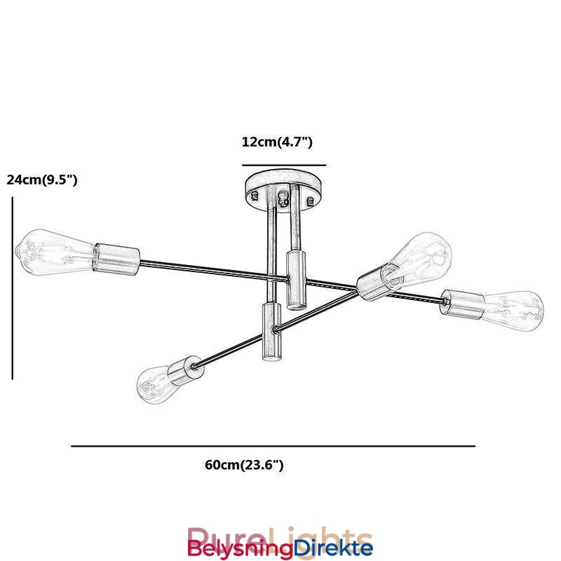 Sputnik-Lysekrone Med 4 Lys, Svart, Halvt Innfelt Taklampe Fra Midten Av Århundret