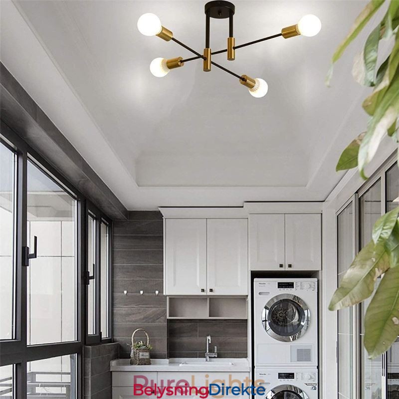 Sputnik-Lysekrone Med 4 Lys, Svart, Halvt Innfelt Taklampe Fra Midten Av Århundret