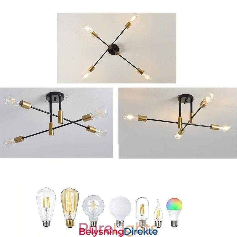 Sputnik-Lysekrone Med 4 Lys, Svart, Halvt Innfelt Taklampe Fra Midten Av Århundret