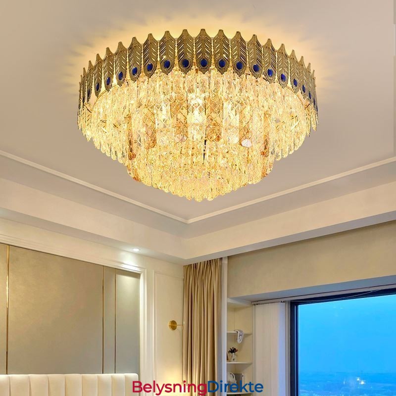 Krystall, Innfelt Rund Galvanisert Phoenix-Hale, Gullfarget, Luksuriøs Dekorativ Taklampe