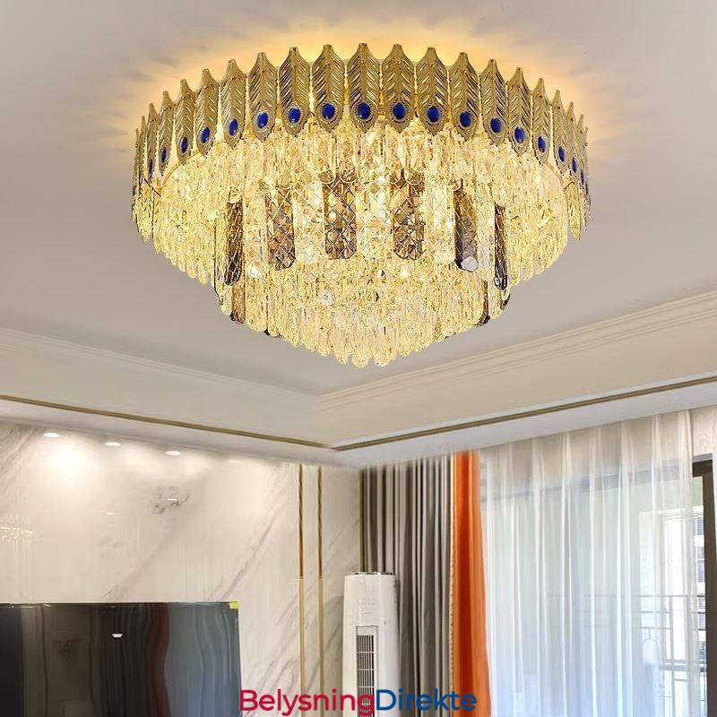 Krystall, Innfelt Rund Galvanisert Phoenix-Hale, Gullfarget, Luksuriøs Dekorativ Taklampe