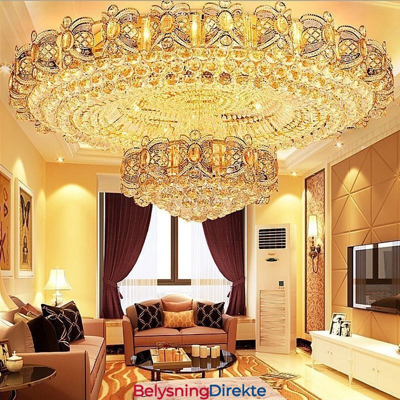 Moderne Gullfarget Krystalltaklampe Rund Innfelt Belysning