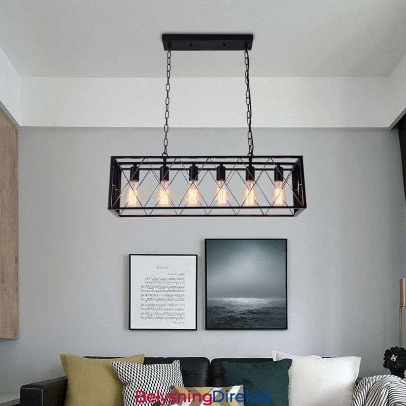 Rustikk Rektangulær Pendellampe Med 6 Lys, Landlig Hengelampe