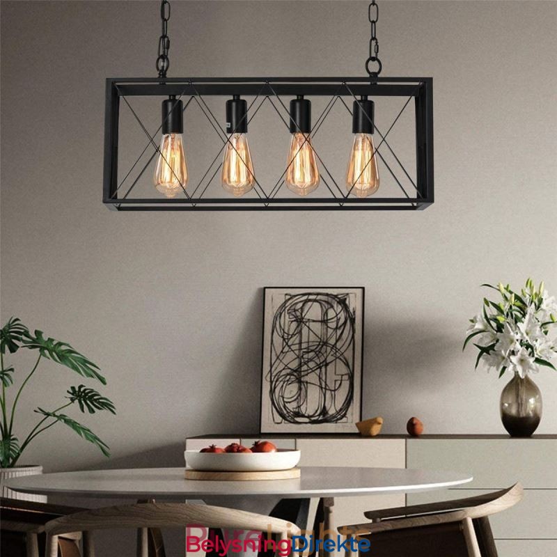Rustikk Rektangulær Pendellampe Med 4 Lys, Landlig Hengelampe