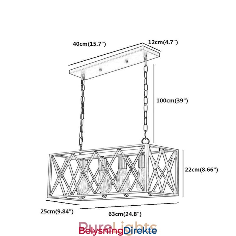 Rustikk Rektangulær Pendellampe Med 4 Lys, Landlig Hengelampe