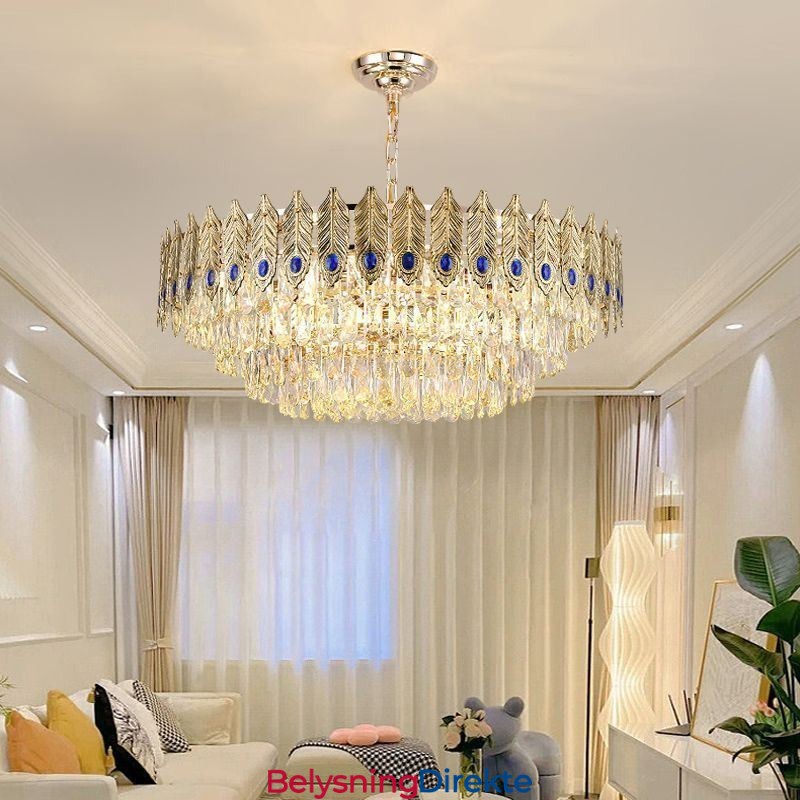 Gyllen Fjær Krystall Pendellampe Dupleks Dekorativ Taklampe