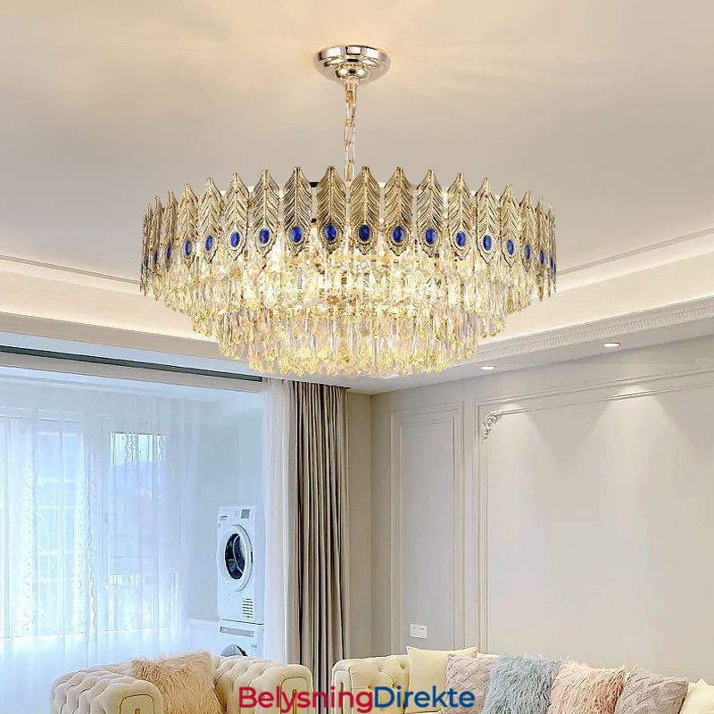 Gyllen Fjær Krystall Pendellampe Dupleks Dekorativ Taklampe