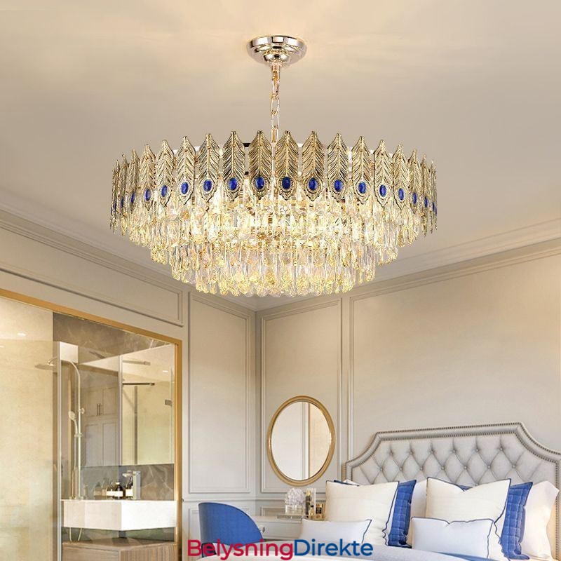 Gyllen Fjær Krystall Pendellampe Dupleks Dekorativ Taklampe