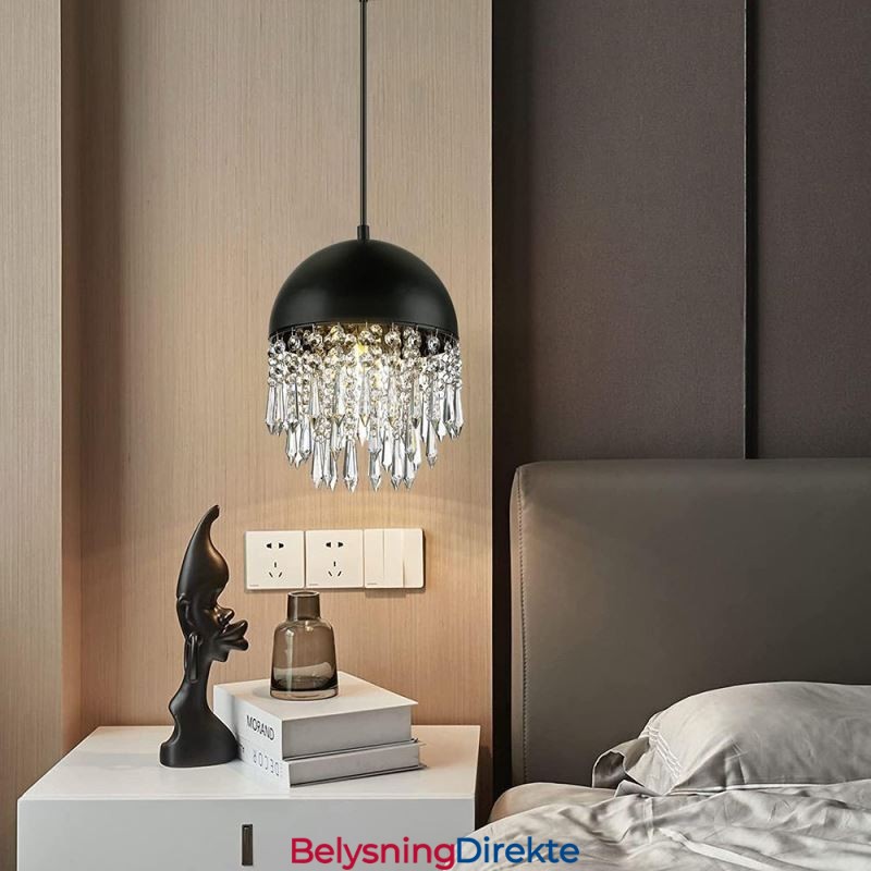 Krystallanheng Med Kvast Og Taklampe Med Svart Grytelokk-Skjerm