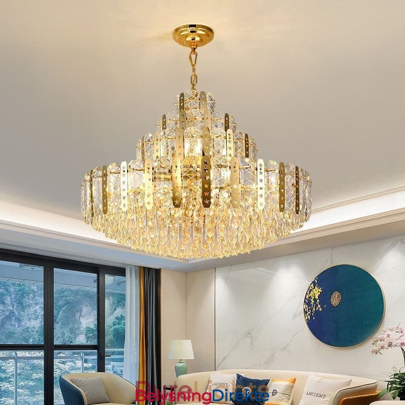 Krystall Pendellampe I 4. Etasje Luksuriøs Dekorativ Taklampe Med Gyllen, Hul Jernplate