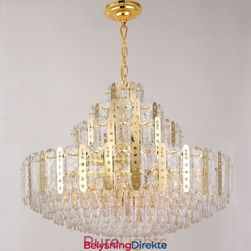 Krystall Pendellampe I 4. Etasje Luksuriøs Dekorativ Taklampe Med Gyllen, Hul Jernplate