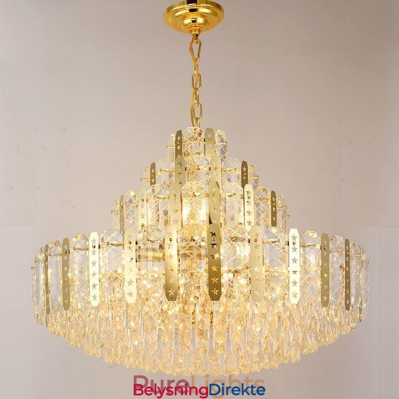 Krystall Pendellampe I 4. Etasje Luksuriøs Dekorativ Taklampe Med Gyllen, Hul Jernplate
