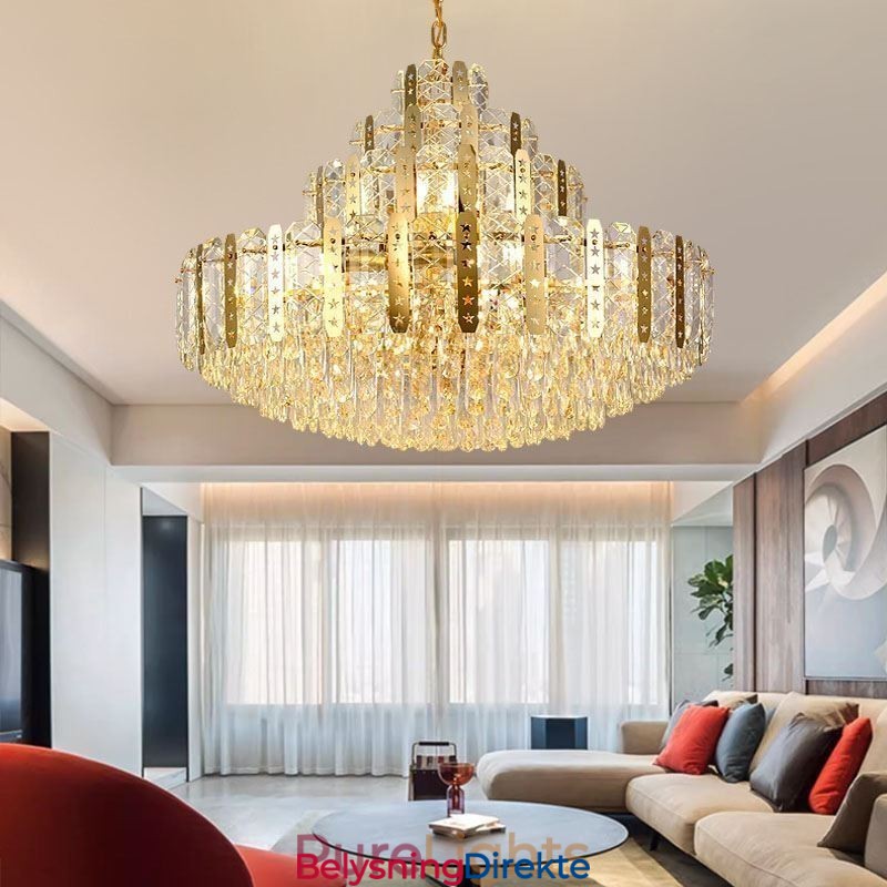 Krystall Pendellampe I 4. Etasje Luksuriøs Dekorativ Taklampe Med Gyllen, Hul Jernplate