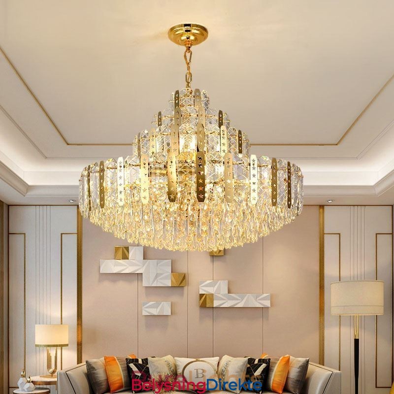 Krystall Pendellampe I 4. Etasje Luksuriøs Dekorativ Taklampe Med Gyllen, Hul Jernplate