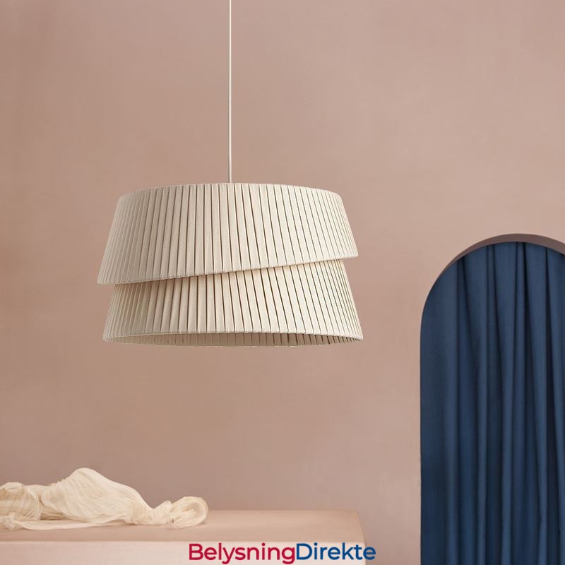 Pendellampe I Fransk Kremfarget Stil Med Dobbel Stoffskjerm Og Taklampe