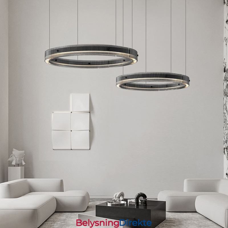 Pendellampe 60+80 Cm Dobbel Sirkelformet Glasstaklampe Trinnløs Dimbar Med Fjernkontroll