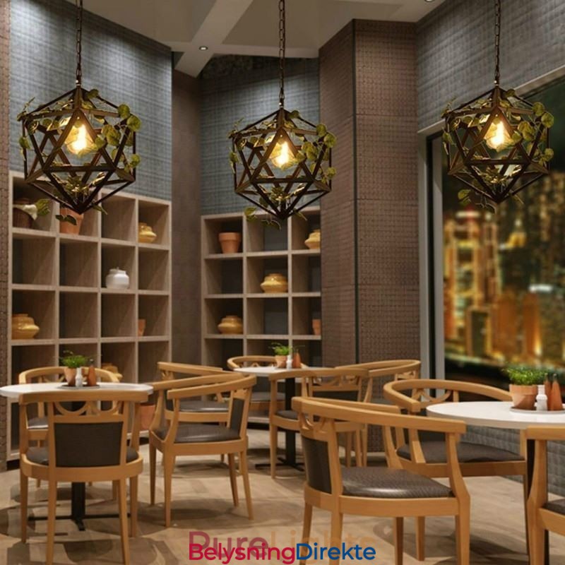 Industriell Vintage Pendellampe I Jern Med Fuglebur