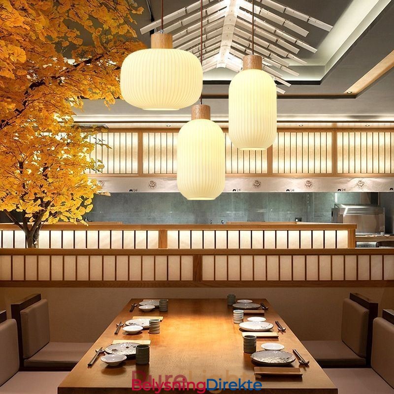 Japansk Pendellampe I Tre, Glasslykt, Hengende Lampe