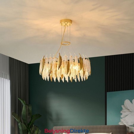 Kunstnerisk Glasslysekrone Med Fjærrund Taklampe